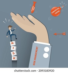 Plana de gestión de riesgos, la gran mano que cubre a un joven que se encuentra en el inconstante riesgo de palabra, el negocio 
concepto de finanzas - vector Ilustración 