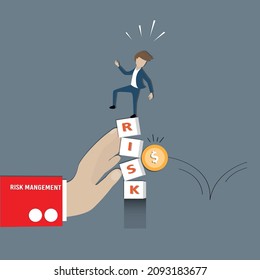 Flat of risk management,Young man stand on the unsteadily's word risk and had a big hand on beside for 
protect, business finance concept - vector Illustration 