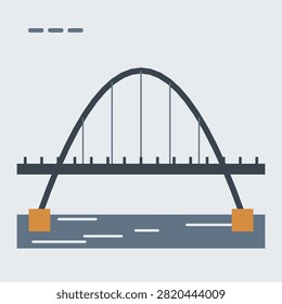 Flat river bridge graphic built around a oval stadium in sakura colors, geometric vector architecture artwork for travel guides, city maps and printed posters.