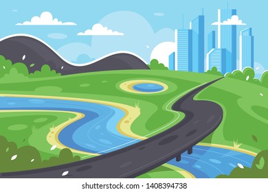 Flat road to city near river, green landscape and mountain. Concept modern technology with wild nature on skyscraper background. Vector illustration.