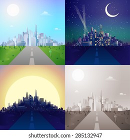 Flat Road To Modern Urban City Scape Skyscrapers On Horizon Scene Set. Stylish Web Banner Landscape Collection. Daylight, Night Moonlight, Sunset View, Retro Vintage Picture Sepia.