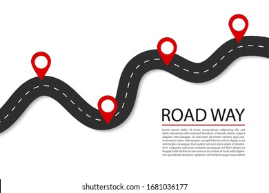 Flat road with pins.Highway for route of journey on isolated background. Asphalt street for infographic. Design traffic trip template. Winding street with points banner. Design vector illustration
