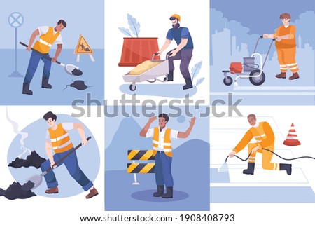 Flat road repair icon set with different works workers tools and equipment vector illustration