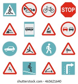 Flat road sign icons set. Universal road sign icons to use for web and mobile UI, set of basic road sign elements isolated vector illustration