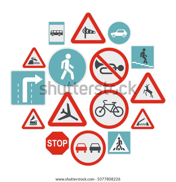 Flat road sign icons set. Universal road\
sign icons to use for web and mobile UI, set of basic road sign\
elements isolated vector\
illustration