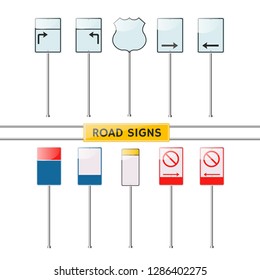Flat road signs set. Traffic signs graphic elements isolated on white background. Great for infographic, city construction, web. mobile apps. Flat design concepts. Creative vector illustration. 