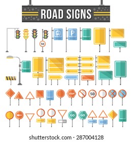 Flat road signs set. Traffic signs graphic elements isolated on white background. Great for infographic, city construction, web. mobile apps. Flat design concepts. Creative vector illustration