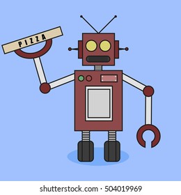 Flat Robot Bring Pizza Illustration. Isolated.