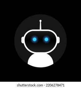Flat robot vector icon. Robot face in the circle isolated on white background. Blue bright eyes. Technologies and artificial intelligence.