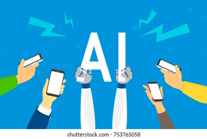 Flat robotic hands hold big AI symbol. Artificial Intelligence concept illustration of young men and women using smartphones happy to have an ai app in smartphone or other devices