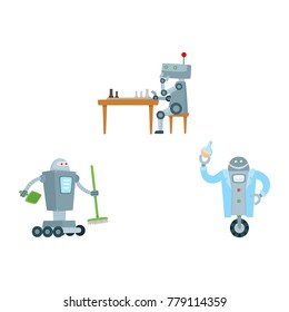 Flat robots set. Humanoid cleaner on wheels holding fetlock, shovel, laboratory assistant with test-tube, robot playing chess. Modern technology, artificial intelligence, Isolated vector illustration