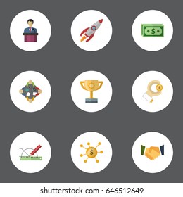 Flat Rocket, Design, Cash And Other Vector Elements. Set Of Startup Flat Symbols Also Includes Prompting, Businessman, Consideration Objects.