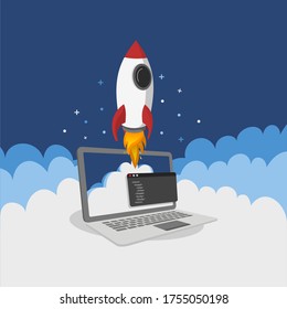 Flat Rocket from Development Laptop Illustration Design