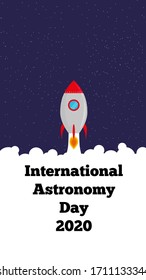 A flat rocket with fire and white smoke in space among the stars. International Astronomy Day 2020. Banner for business and social networks. Stock vector illustration.
