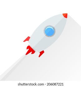 Flat rocket flying isolated over white. Vector illustration