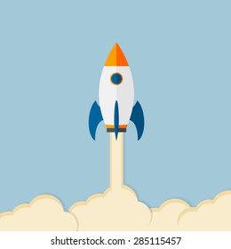 Flat rocket icon - background. Startup concept. Project development.
