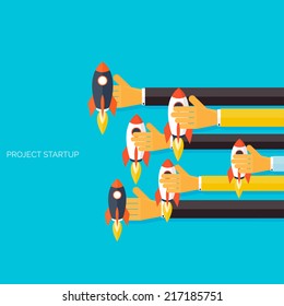 Flat rocket icon in hands. Startup concept. Project development.