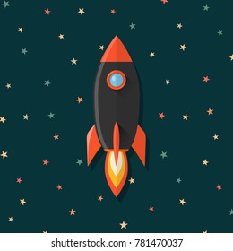 Flat rocket icon illustration. Spaceship on the star space background