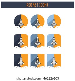 Flat Rocket Icon Set of 9 separated icons. Vector, editable