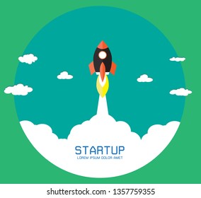 Flat rocket icon. Startup concept. Project development.Vector illustration with 3d flying rocket.Project start up and development process.Innovation product creative idea.Management. 