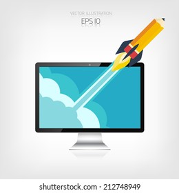 Flat rocket icon. Startup concept. Project development. Realistic monitor.