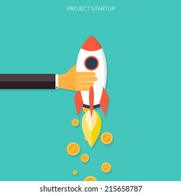 Flat rocket icon. Startup concept. Project development.