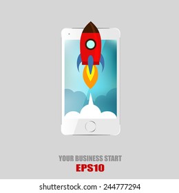 Flat rocket icon. Startup concept. Project development. Realistic smartphone.