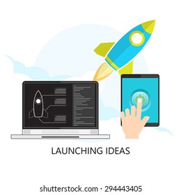 Flat rocket icon. Startup concept. Project development. Modern laptop. Tablet with Start Button.