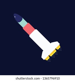Flat rocket icon vector isolated on dark blue background.
