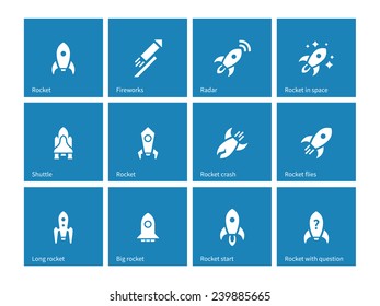 Flat rocket icons on blue background. Vector illustration.