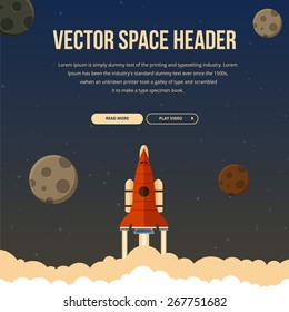 Flat rocket illustration that fly in space. Ideal for website  headers, slide presentation and for different print ads.