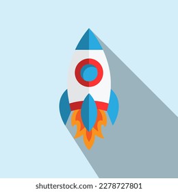 Flat rocket launch isolated vector with shadow on light blue background. Business startup, space concept. For illustration, marketing, infographic vector, web design.