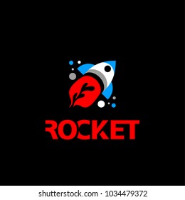 Flat rocket logo. Flying rocket icon with a flame with stars and planets background.