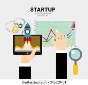 Flat rocket. Project start up.Concepts web banner and printed materials.