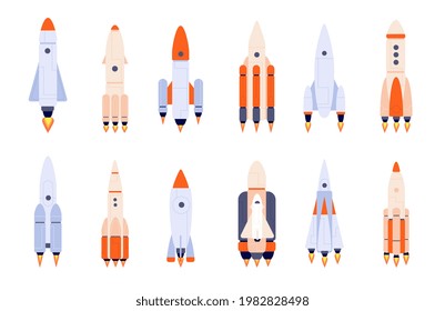 Flat rocket. Space rockets, spaceship start up or idea launch. Isolated shuttle on start, cartoon business development metaphor utter vector icons