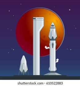 Flat rocket and spaceship concept before launch on night sky and planet background vector illustration