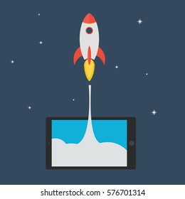 Flat rocket from tablet. Start up concept