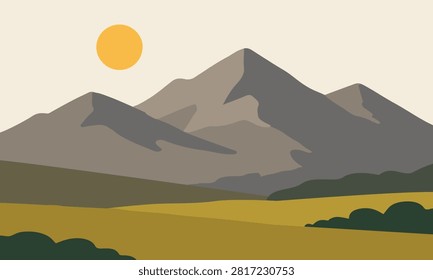 Flat Rocky Mountain Landscape with Sunny Sky Minimal Nature Vector Illustration