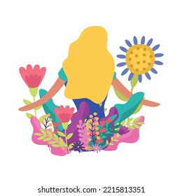 Flat romantic composition with back view of blond girl surrounded with spring flowers vector illustration