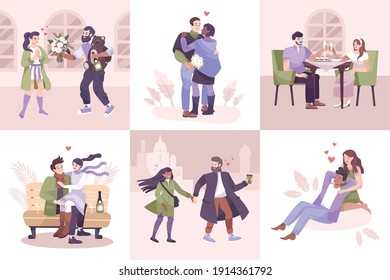 Flat romantic couple composition icon set with different types of romantic pastime and dates vector illustration