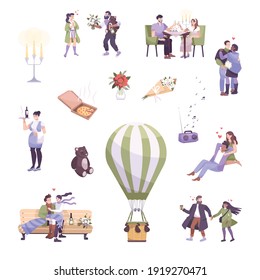 Flat romantic couple set icon set with different attributes of lovers and dates vector illustration