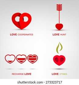 Flat romantic love icons. Lovely templates with cute creative vector illustrations. Best for Happy Valentines Day. 