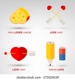 Flat romantic love icons. Lovely templates with cute creative vector illustrations. Best for Happy Valentines Day.