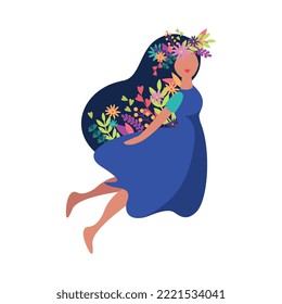 Flat romantic spring girl with flowers and leaves in long dark hair vector illustration