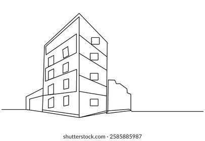 Flat roof house or commercial building in continuous line art drawing style,Continuous one line art building
