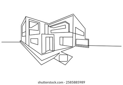 Flat roof house or commercial building in continuous line art drawing style,Continuous one line art building
