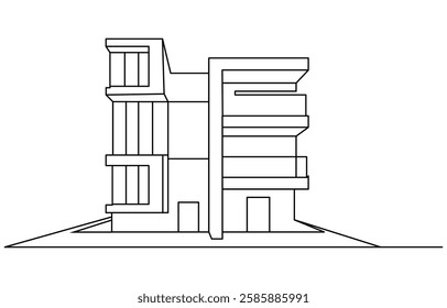 Flat roof house or commercial building in continuous line art drawing style,Continuous one line art building
