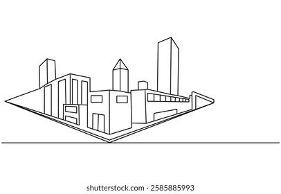 Flat roof house or commercial building in continuous line art drawing style,Continuous one line art building
