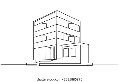 Flat roof house or commercial building in continuous line art drawing style,Continuous one line art building
