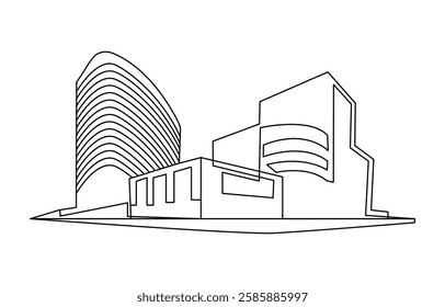 Flat roof house or commercial building in continuous line art drawing style,Continuous one line art building
